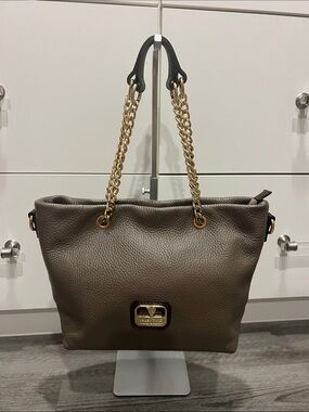 Valentina Taupe Pebbled Leather Tote with Gold Chain Handles/ Crossbody Bag